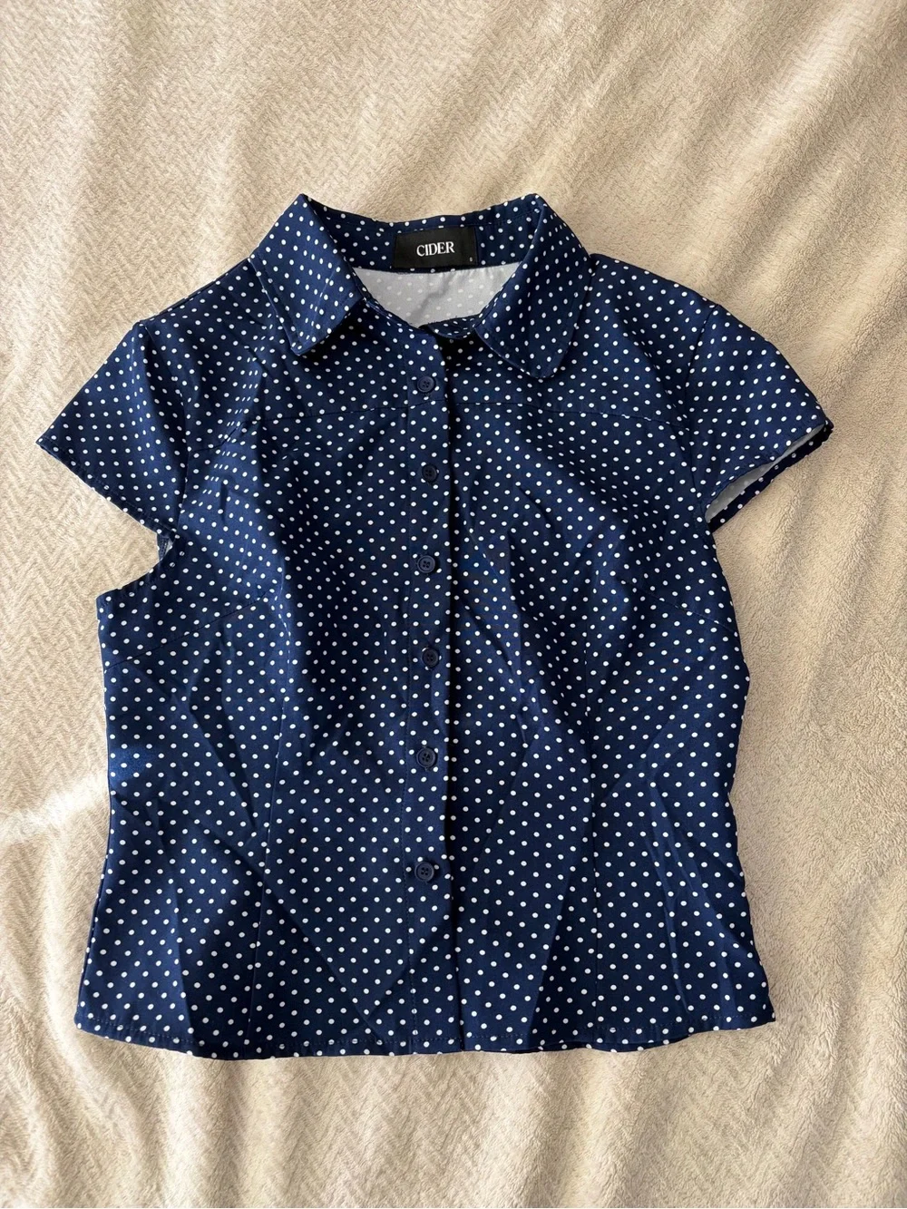 Cider Navy and White Polka Dot Button-Up Short Sleeve Blouse - Picture 1 of 2